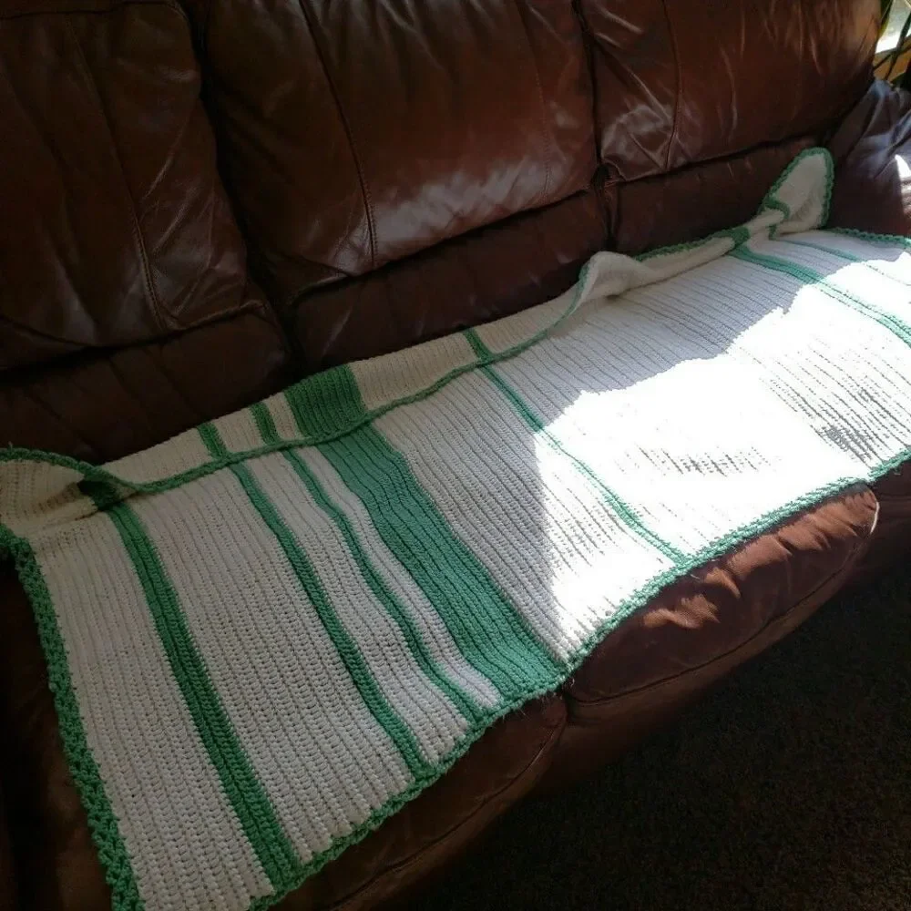 Handmade Crochet Blanket White Green Throw 65x35 Lapghan Knit Gift Cozy Baby